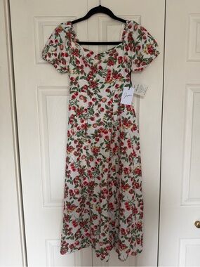 Tomato Print Puff Sleeve Midi Dress - White/Red